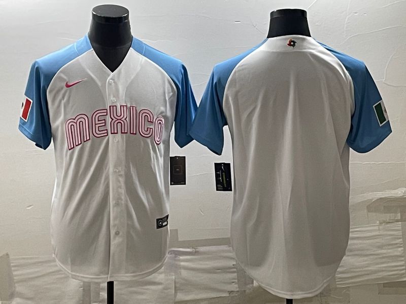 Men 2023 World Cub Mexico Blank White blue Nike MLB Jersey3